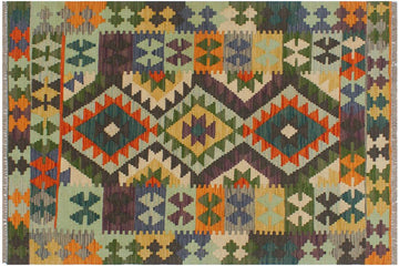 Flat Weave Kilim, Antique, Navaho, Vintage, Handmade, Geometric Kilim Rust Blue Hand-Woven Rectangle 100% Wool Area Rug 3 x 4